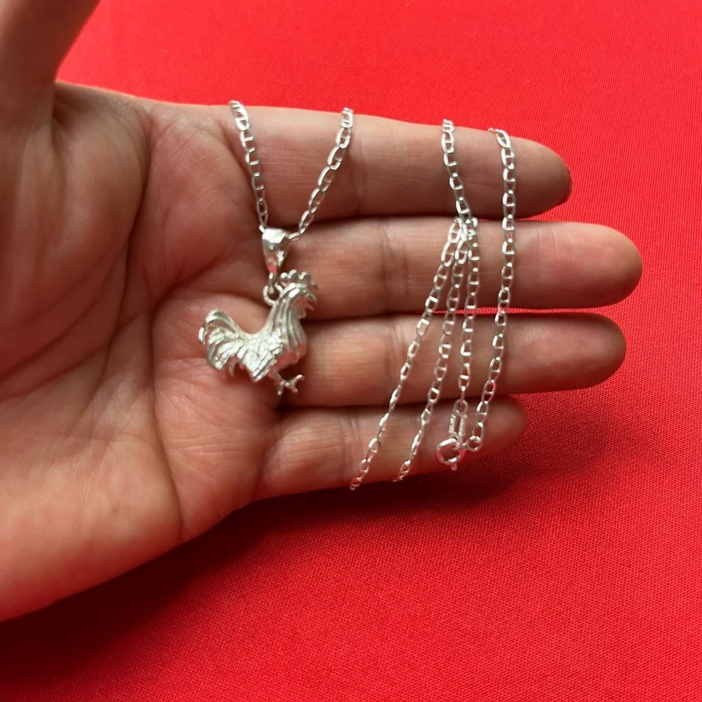 925 Sterling Silver‎ Rooster Charm Pendant and chain necklace